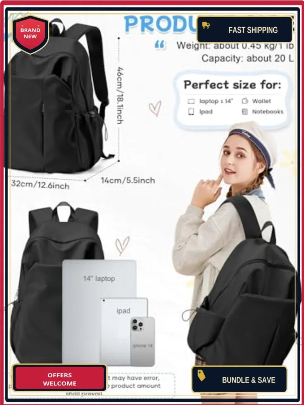 Water-Resistant Nylon Backpack with Padded Straps, 15-Inch Laptop Compartment